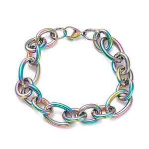 Rainbow Oil Slick Figaro Bracelet - Iridescent Purple Stainless Steel